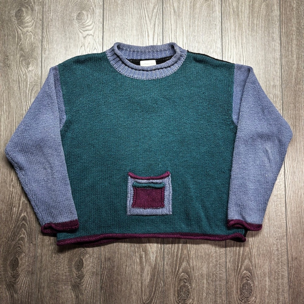 Northern Isles Vintage Colorblock Knit Sweater XL Teal Purple Black Ramie Cotton
